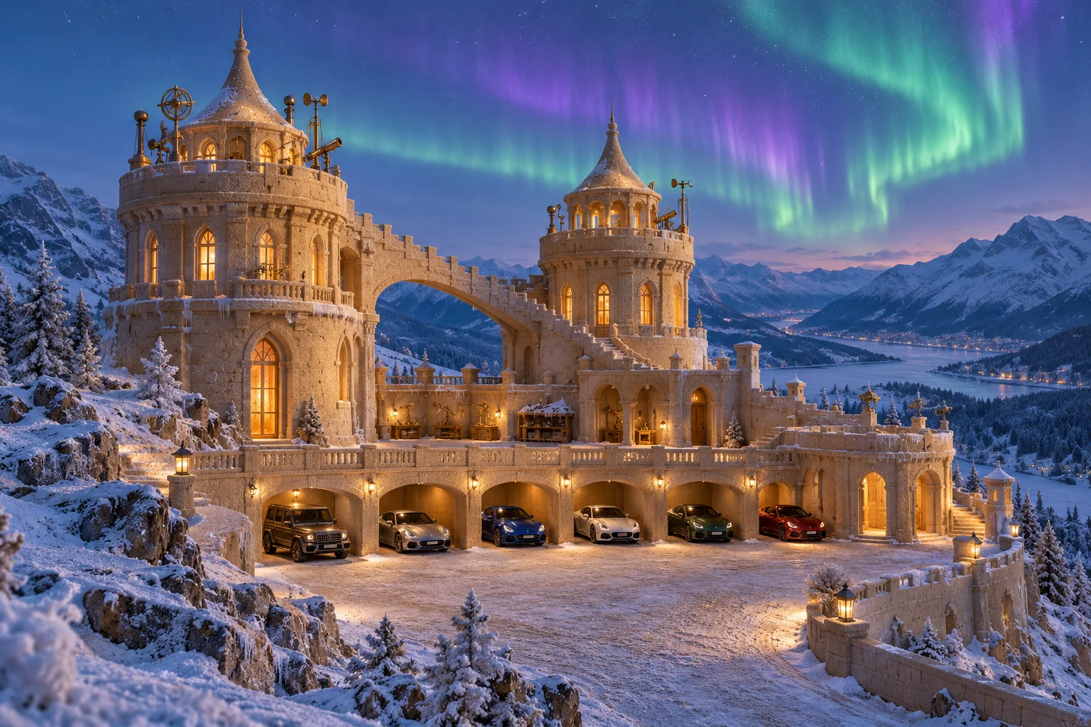 Twin sandcastle observation towers and a garage courtyard with cars under green and violet polar lights.