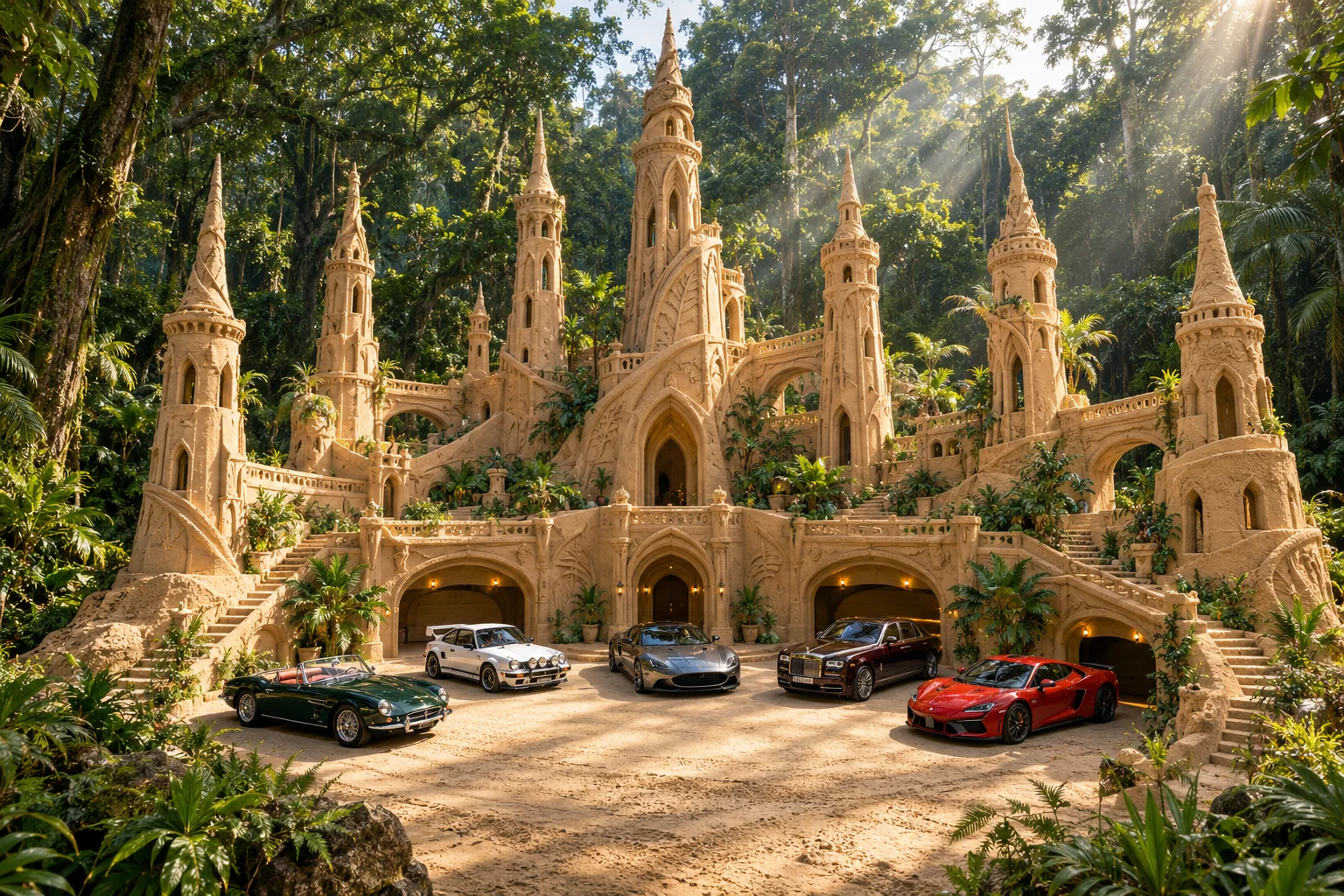 The Ninefold Pavilion, a sculpted sandcastle on Canopy Nine, with realistic show cars in its motor court.