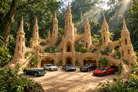 The Ninefold Pavilion, a sculpted sandcastle on Canopy Nine, with realistic show cars in its motor court.