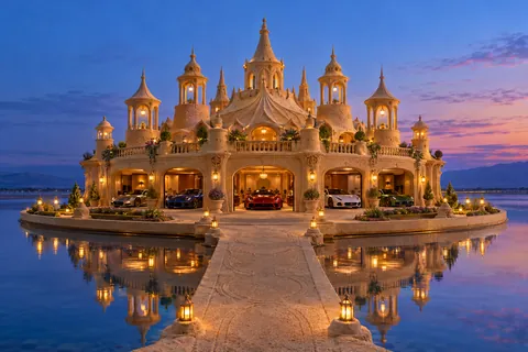 Lantern-lit circular sandcastle with radial pavilions, a garden display platform and show cars at twilight.