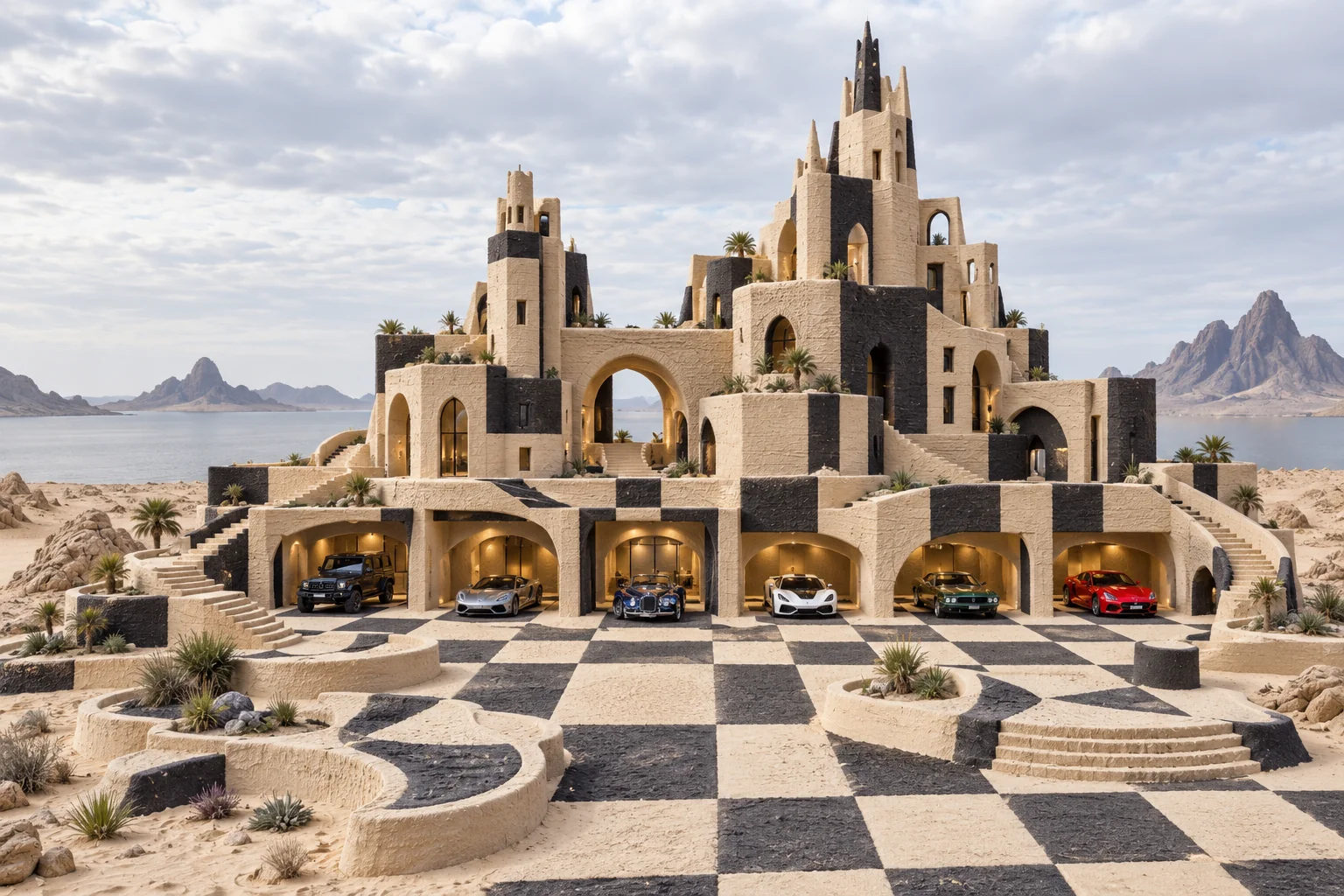 Sculptural sandcastle in pale and dark sand with checkered courtyards, photography garages and cars.