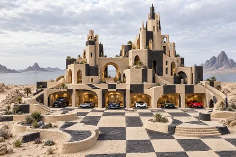 Sculptural sandcastle in pale and dark sand with checkered courtyards, photography garages and cars.