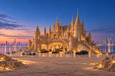 Château Argentveil, a sculpted sandcastle on Chromehaven, with realistic show cars in its motor court.