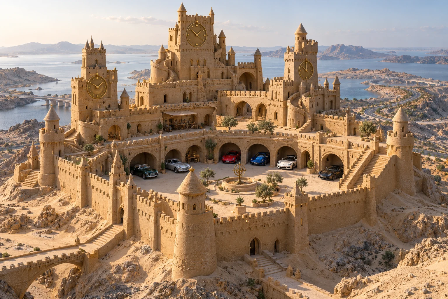 An intricate sandcastle with unequal clock towers, open garage arches and classic cars around a quiet courtyard.