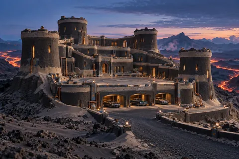 Cinderspan Keep, a sculpted-sand castle on Cinderwake with a show-car garage and architecture shaped by the world’s landscape.