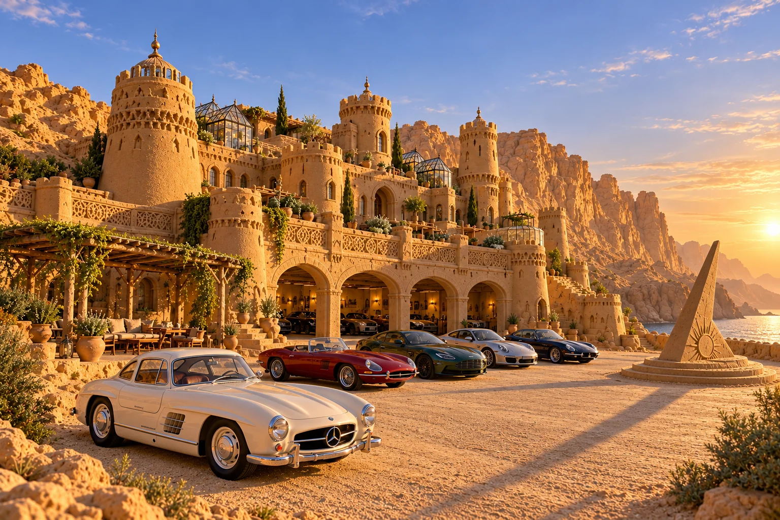 The Long-Afternoon Palace, a sculpted sandcastle with show-car garages on citrine vale.