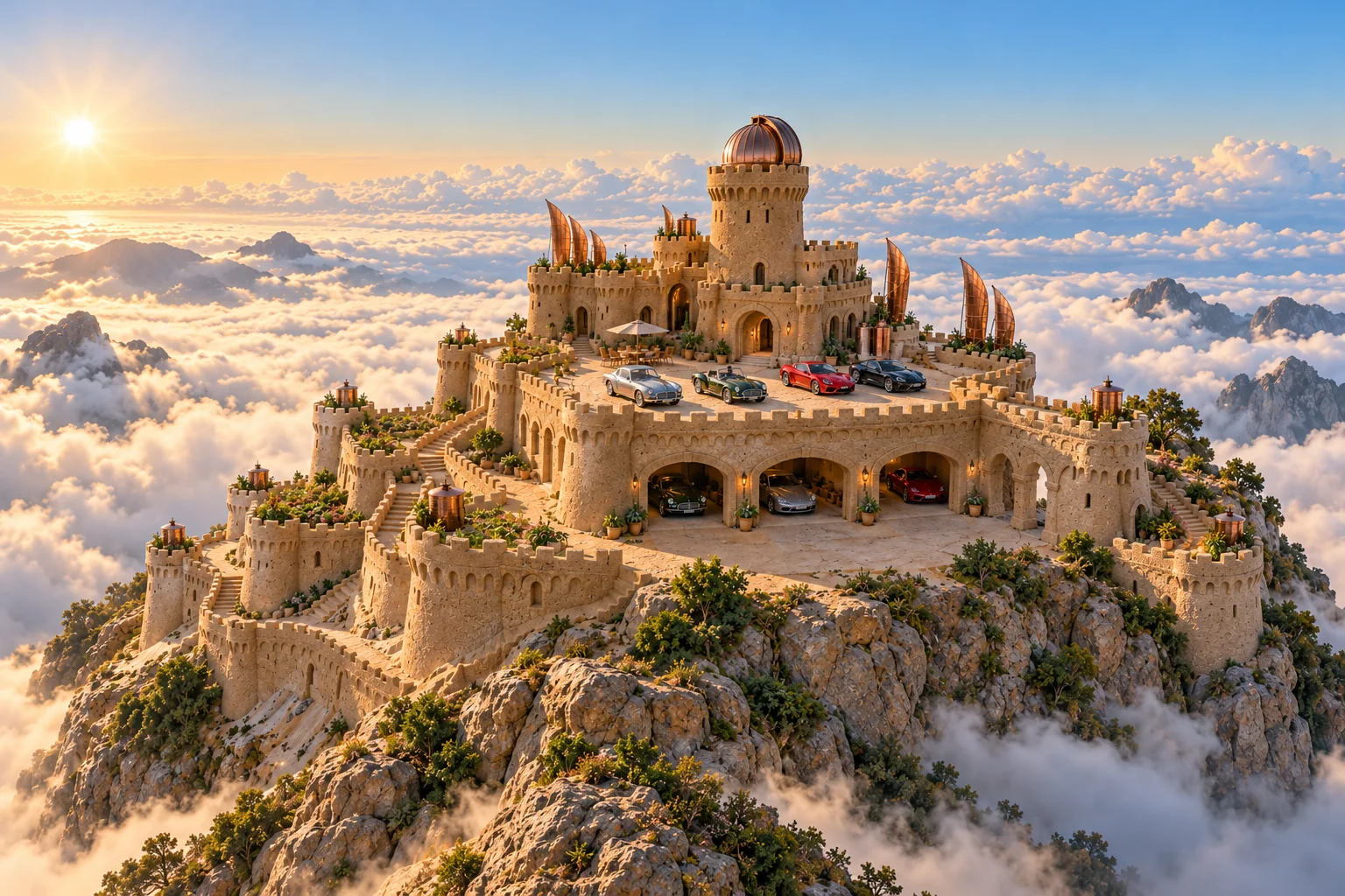 A stepped sandcastle with gardens, condenser accents and cars on a terrace high above white clouds.