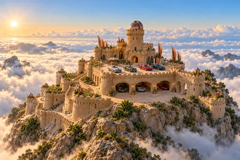 A stepped sandcastle with gardens, condenser accents and cars on a terrace high above white clouds.