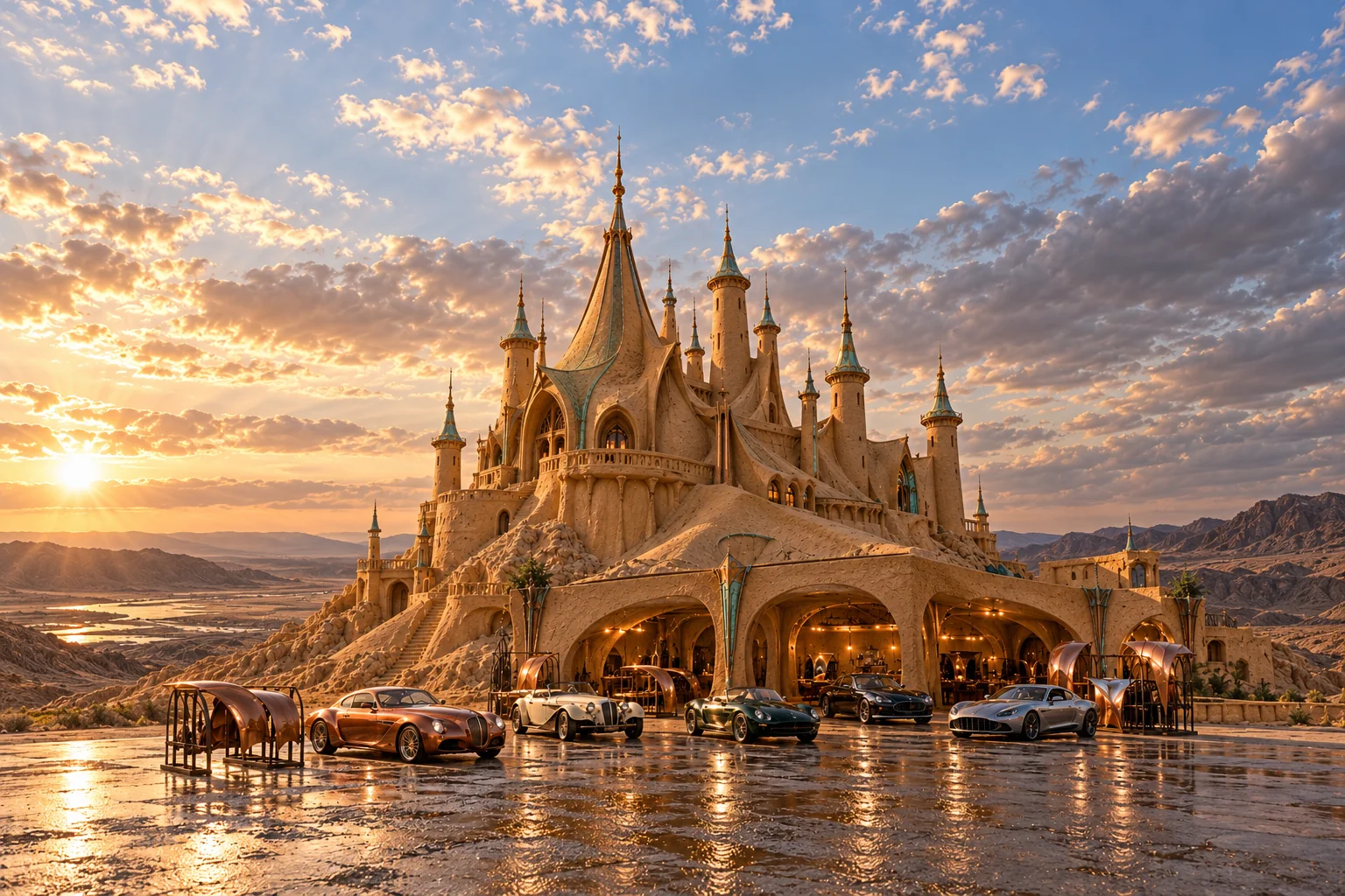 Château Verdigris, a sculpted sandcastle on Garlicia, with copper trim, green verdigris accents, and realistic show cars in its open motor court.