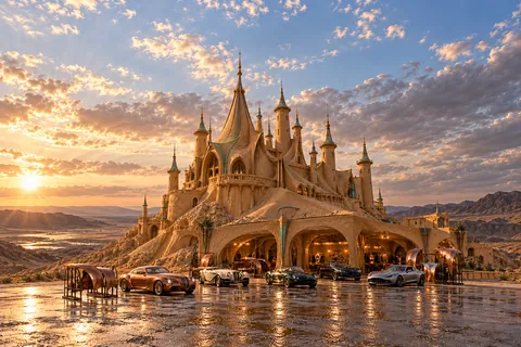 Château Verdigris, a sculpted sandcastle on Garlicia, with copper trim, green verdigris accents, and realistic show cars in its open motor court.