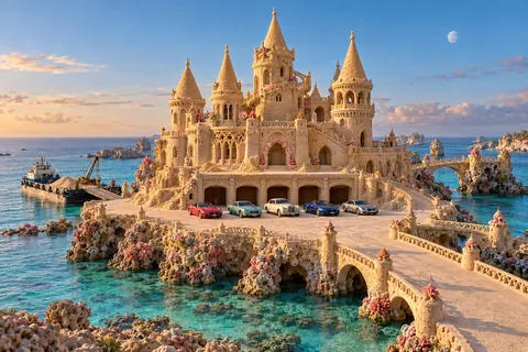 The Reefway Sandkeep, a sculpted sandcastle with show-car garages on coralune.