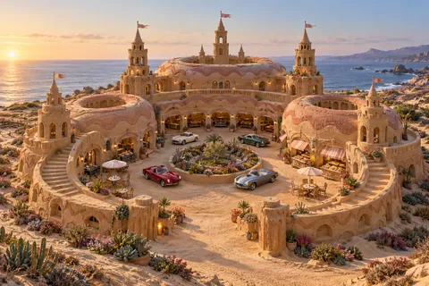 Ring-shaped sandcastle with doughnut-like sand towers, bakery arcades and cars parked around a central garden.