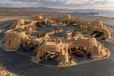Low sandcastle with nine rounded bastions, wide practice plazas, open garages and stationary show cars.