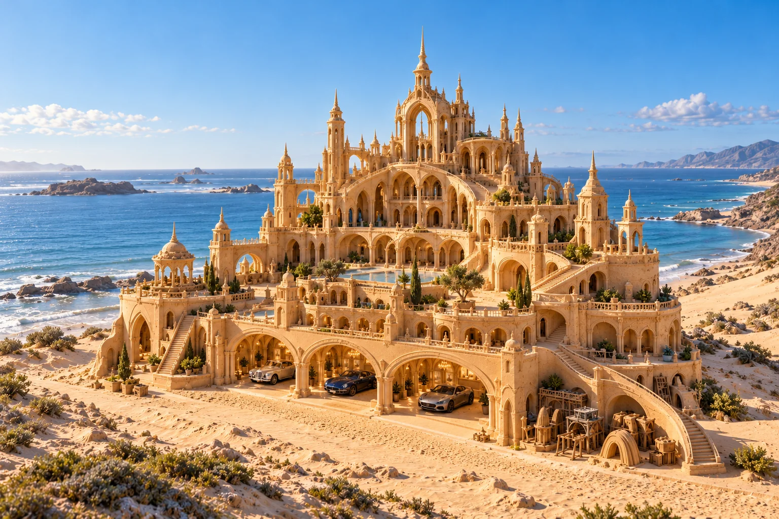 Thousand Arch Castle, a sculpted-sand castle on Dunara with a show-car garage and architecture shaped by the world’s landscape.