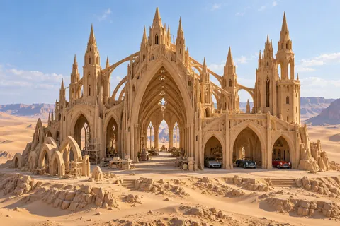 The Open Arch Hall, a sculpted-sand castle on Dune Cathedral with a show-car garage and architecture shaped by the world’s landscape.