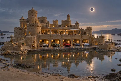 A coastal sandcastle with a reflecting watercourt, parked cars, open garages and a delicate eclipse above a still bay.