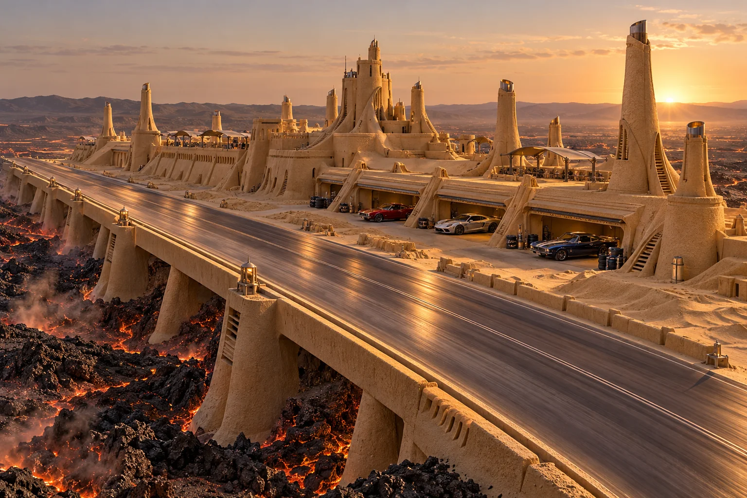 Radiant Mile Keep, a sculpted-sand castle on Ember Circuit with a show-car garage and architecture shaped by the world’s landscape.