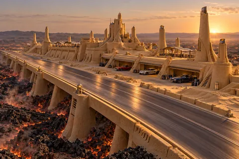 Radiant Mile Keep, a sculpted-sand castle on Ember Circuit with a show-car garage and architecture shaped by the world’s landscape.