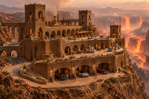 Emberveil Terrace, a sculpted-sand castle on Emberfall with a show-car garage and architecture shaped by the world’s landscape.