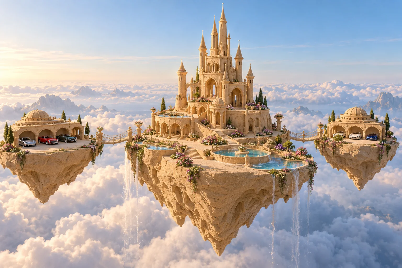 Aerial Balance Keep, a sculpted-sand castle on Everafter with a show-car garage and architecture shaped by the world’s landscape.