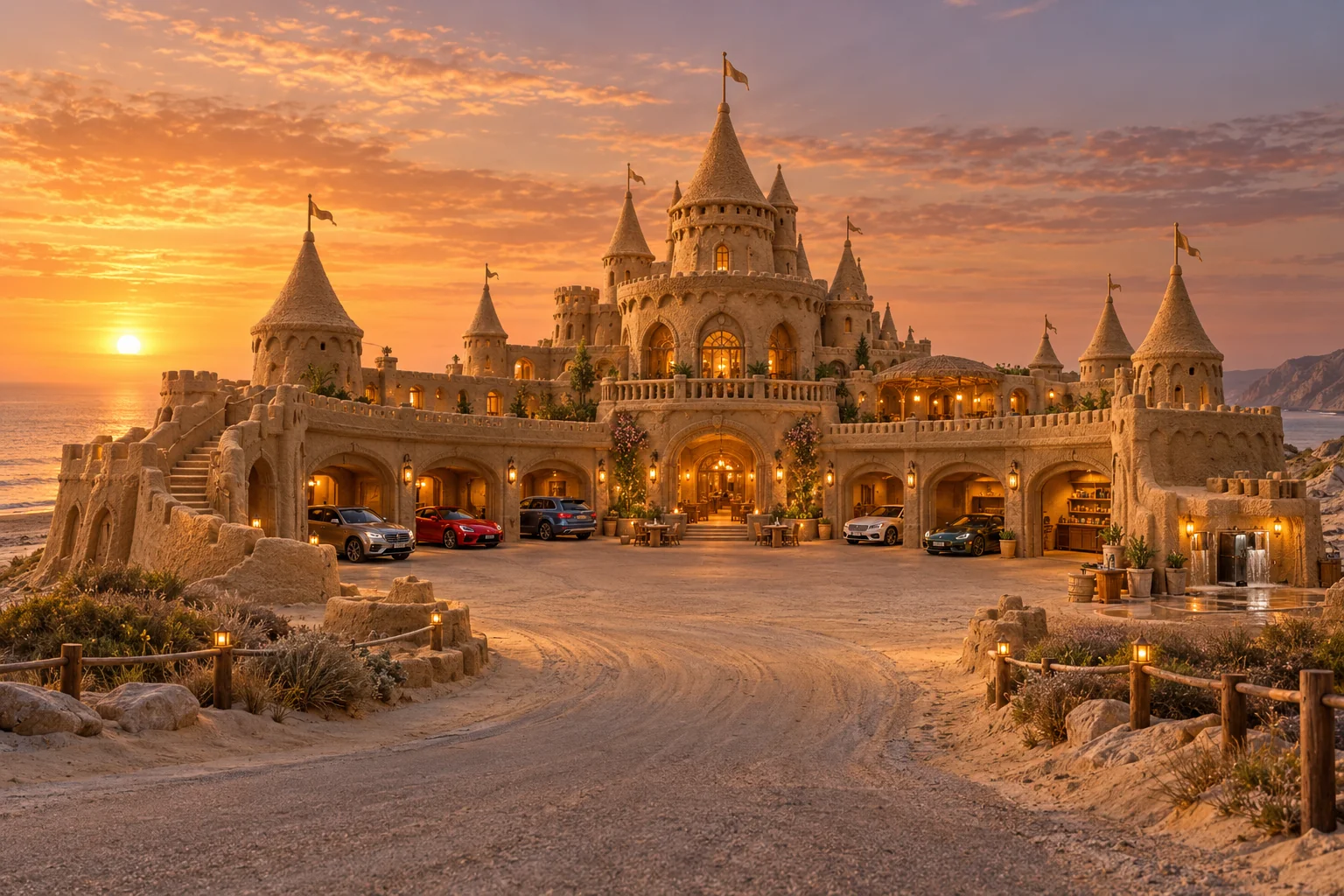 Warm sandcastle inn with sheltered garages, parked touring cars and a supper terrace in evening light.