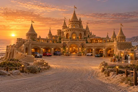 Warm sandcastle inn with sheltered garages, parked touring cars and a supper terrace in evening light.