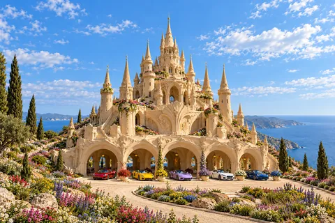 Château Millefleur, a sculpted sandcastle on Floralis, with realistic show cars in its motor court.