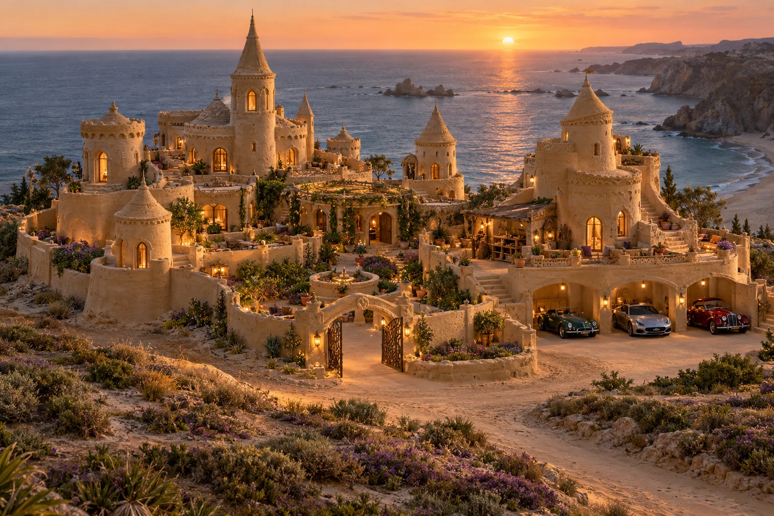 The Welcome Keep, a sculpted-sand castle on Frenchi’s Haven with a show-car garage and architecture shaped by the world’s landscape.