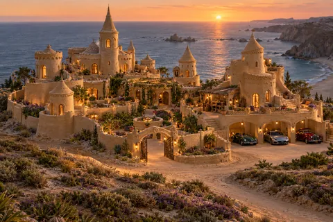 The Welcome Keep, a sculpted-sand castle on Frenchi’s Haven with a show-car garage and architecture shaped by the world’s landscape.