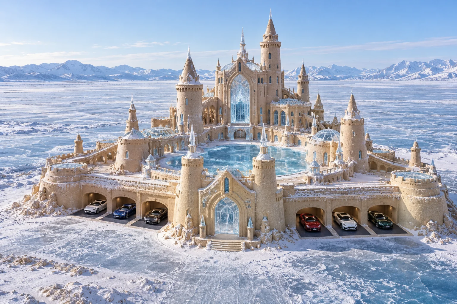Frozen pale sand palace with a clear ice reservoir, insulated garage bays and show cars on removable mats.