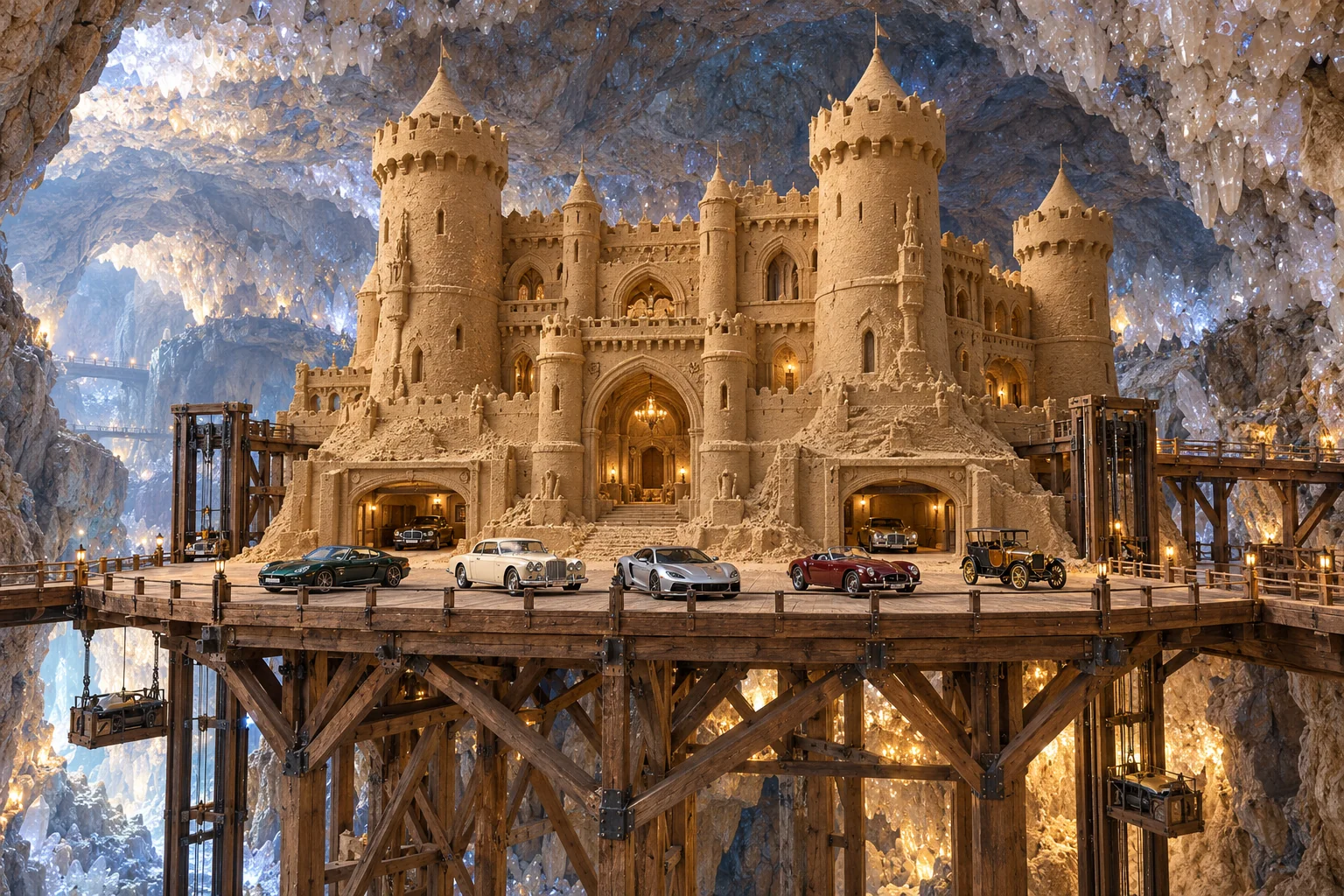 The Cradles of Hollow Crown, a sculpted sandcastle with show-car garages on geodara.