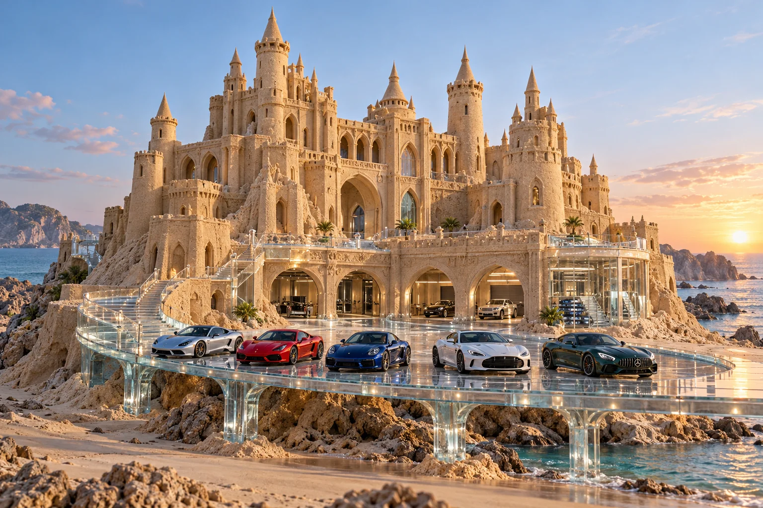 The Clear-Rib Citadel, a sculpted sandcastle with show-car garages on glasshaven.