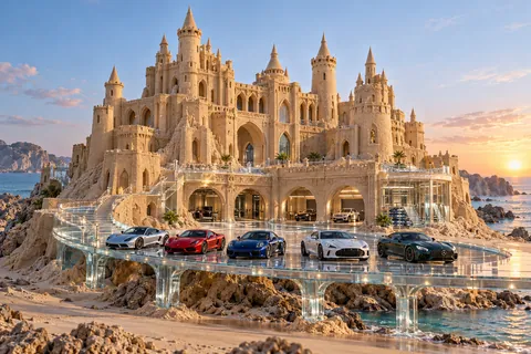 The Clear-Rib Citadel, a sculpted sandcastle with show-car garages on glasshaven.