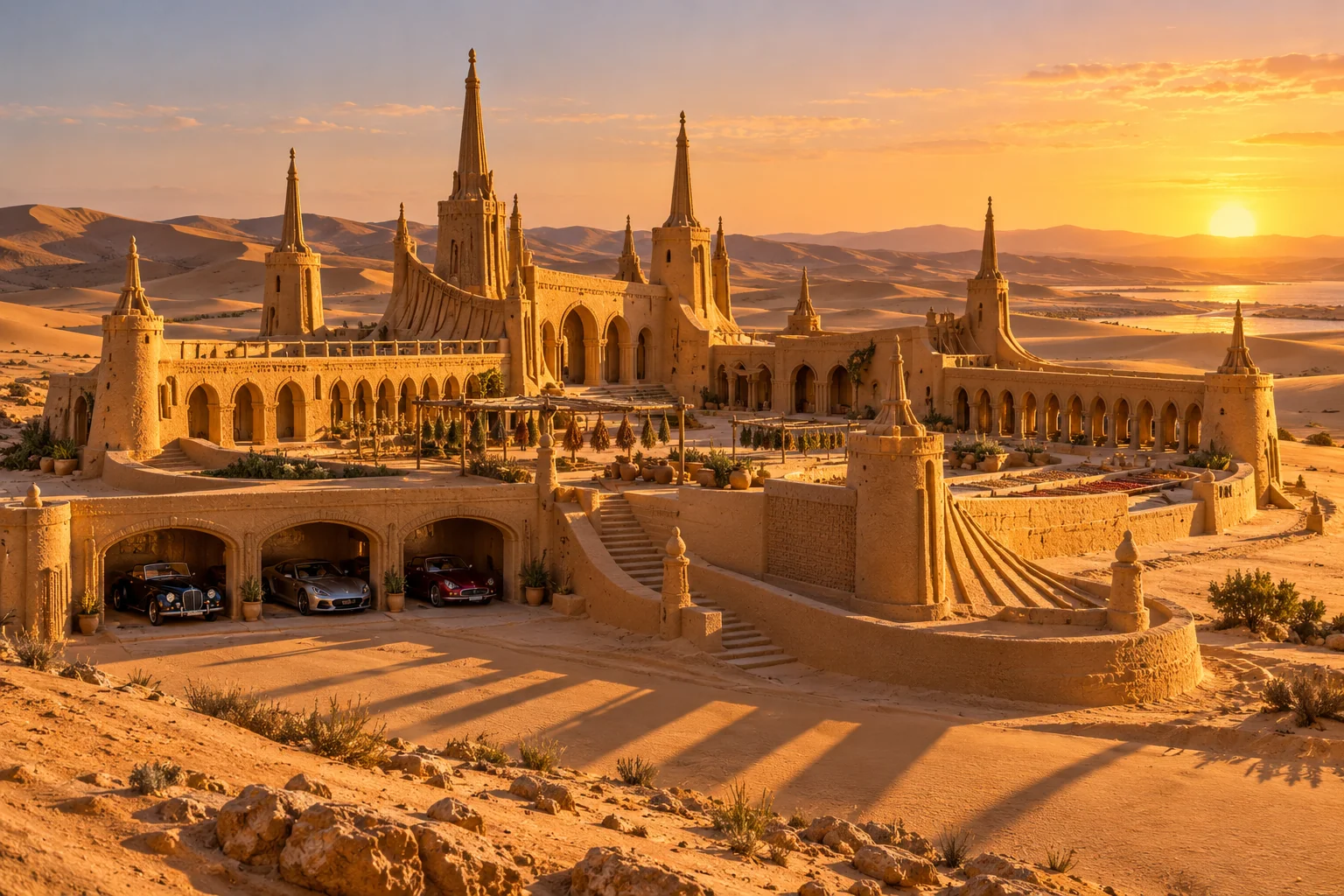 Sundial Court, a sculpted-sand castle on Golden Hour with a show-car garage and architecture shaped by the world’s landscape.