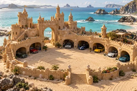 A grand granular sandcastle above an otherworldly coast with open restoration garages and cars in a wide forecourt.