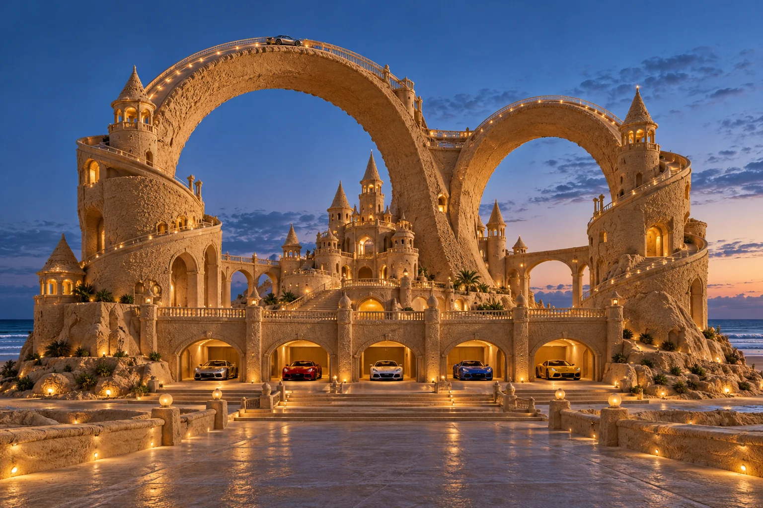 Sandcastle with monumental looping sand arches, illuminated garage court and parked classic cars at dusk.