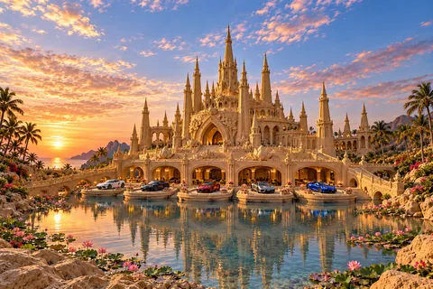 Palais des Eaux Fleuries, a sculpted sandcastle on Lotus Reach, with realistic show cars in its motor court.