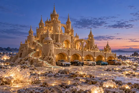The Afterglow Keep, a sculpted sandcastle with show-car garages on luminite.