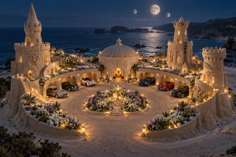 A horseshoe sandcastle with three towers, moonlit flowering beds and cars arranged beneath several moons.