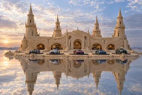 Palais des Deux Ciels, a sculpted sandcastle on Mercurial, with realistic show cars in its motor court.