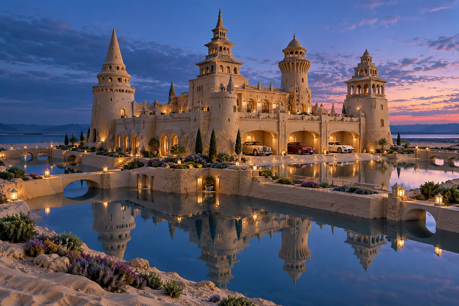 Twin-Sky Keep, a sculpted-sand castle on Moatlight with a show-car garage and architecture shaped by the world’s landscape.