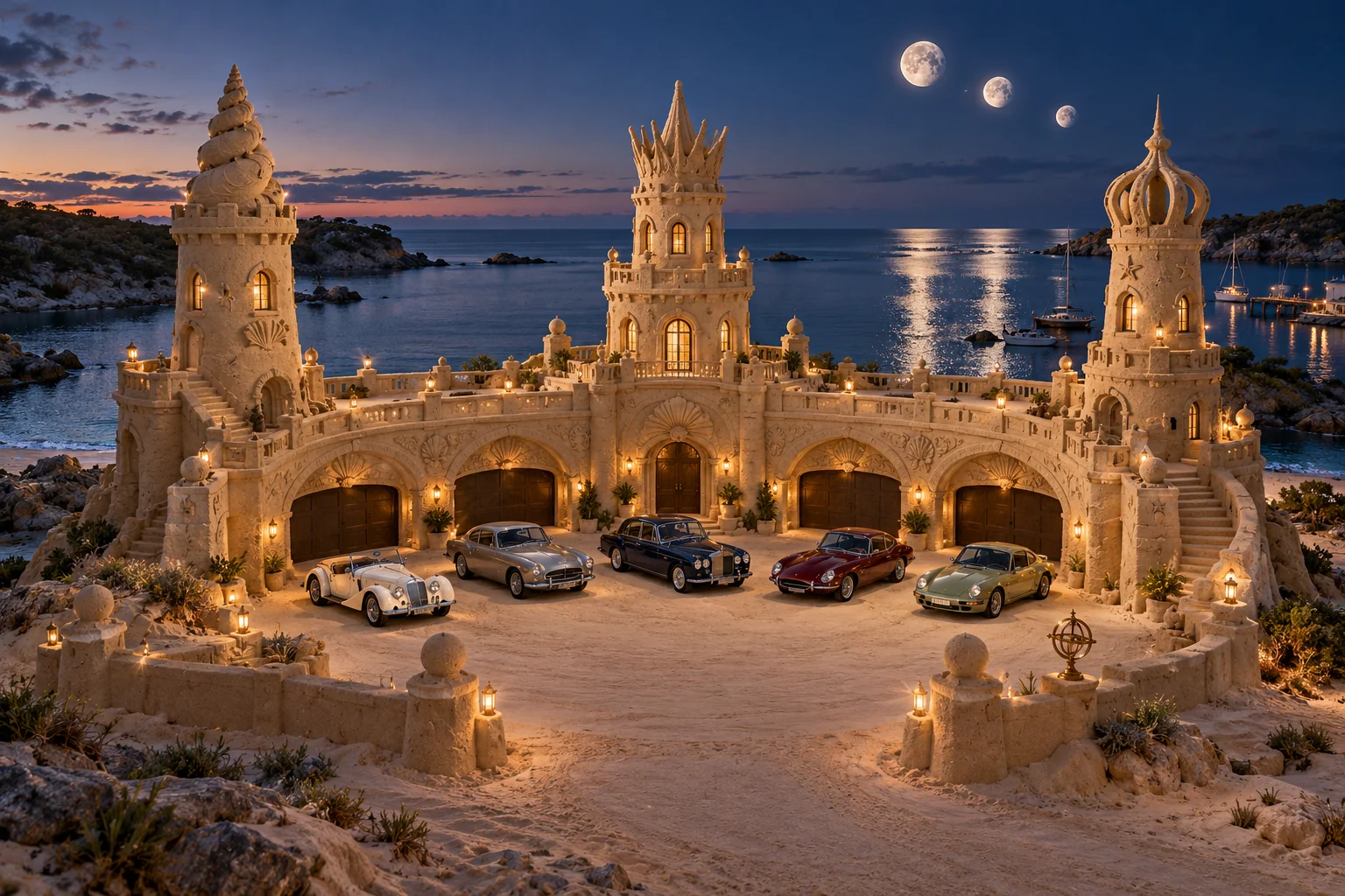 The Three-Wake Palace, a sculpted sandcastle with show-car garages on moonwake.