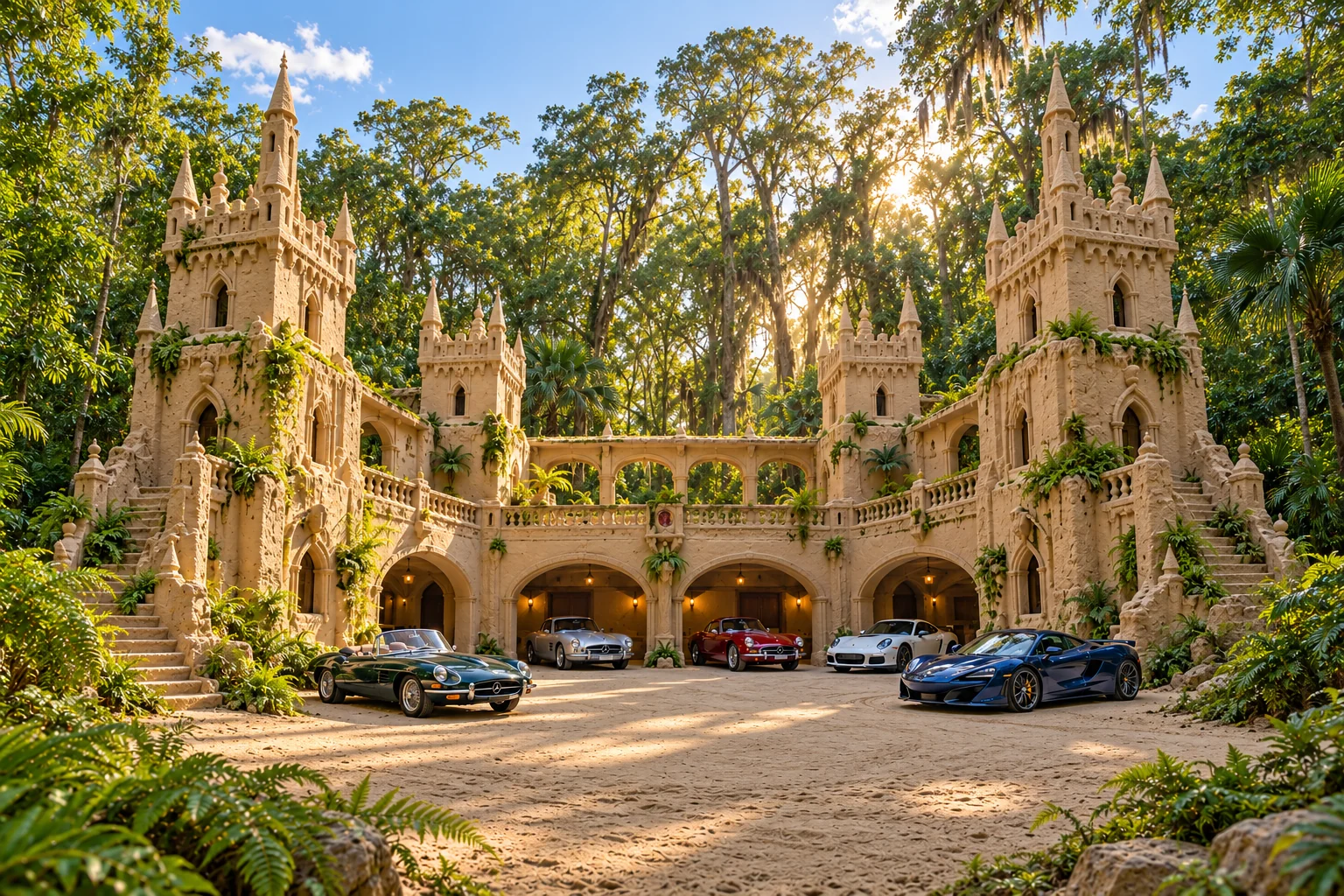 The Quiet Fern Court, a sculpted sandcastle on Mosslight, with realistic show cars in its motor court.
