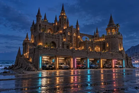 Rain-wet dark sandcastle with colored light strips, open electrical repair garages and parked show cars.