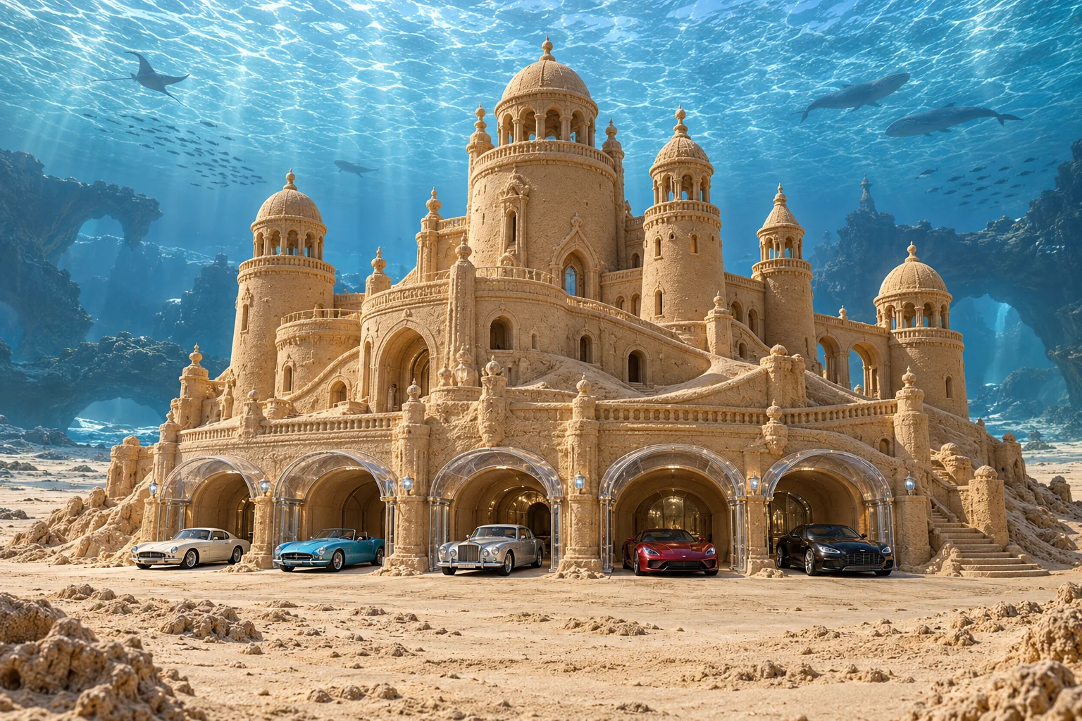The Stillwater Vault, a sculpted sandcastle with show-car garages on neridia.