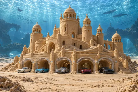 The Stillwater Vault, a sculpted sandcastle with show-car garages on neridia.