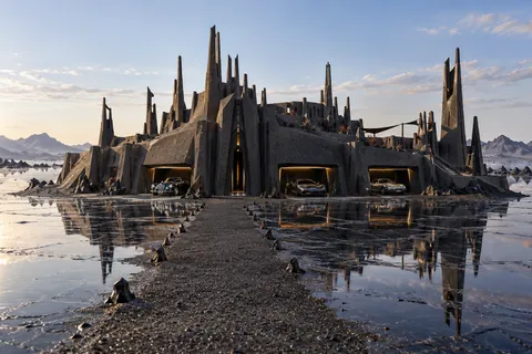 Nocturne Court, a sculpted-sand castle on Obsidara with a show-car garage and architecture shaped by the world’s landscape.