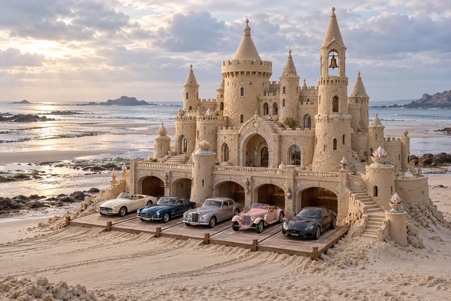 Tidebell Court, a sculpted sandcastle with show-car garages on opaline.