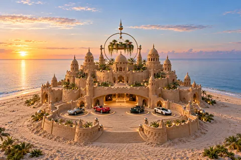 The Equinox Pavilion, a sculpted sandcastle on Orbitalis, with realistic show cars in its motor court.