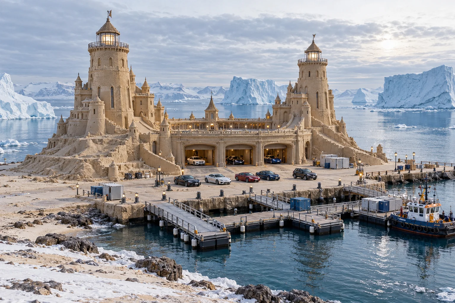 Pale sandcastle harbor with insulated garage galleries, a floating vehicle quay, cars and distant icebergs.